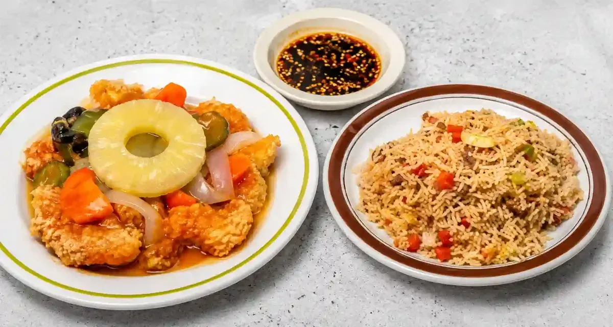 Sweet and sour shrimp with fried rice and dipping sauce at Kitok
